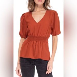 Bobeau Rust‎ Burnt Orange Picante Smock Tie Back V-Neck Blouse Top Size Medium